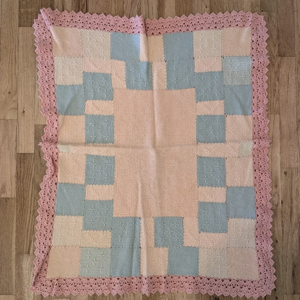 Vtg Handmade Baby Blanket Knit Crochet Square Pink Peach Blue Nursery Lace